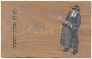 ~1900 Zsidó úr, héber újévi üdvözlet. Kézzel rajzolt és festett egyedi lap fakéregből / Jewish man, Hebrew New Year greeting. Custom made hand-drawn and hand-painted wooden card made out of tree bark. Judaica