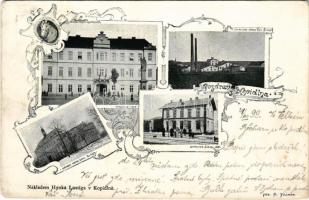 1899 (Vorläufer) Kopidlno, Copidlen; Zámek Hrab. Erv. Slika, Stanice C.O.D. 1881, Radnice, Znak Mesta, Cukrovar Hrab. Erb. Slika 1871 / castle, railway station, town hall, coat of arms, sugar factory. Hynka Lustiga Art Nouveau (EK)