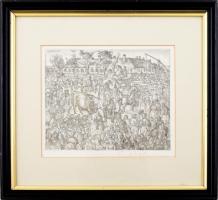 Szabó Vladimir (1905-1991): Hidi vásár. Rézkarc, papír, jelzett. Üvegezett fakeretben. 13,5x17 cm