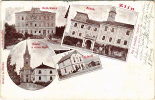 1900 Zlín, Mest. skola, Zámek, Kostel a stará skola, Nádrazi / school, castle, church with old school, railway station. Fot. F. Pechácek (fl)