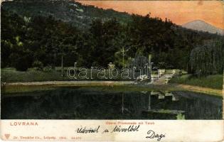 1908 Lovran, Lovrana, Laurana; Obere Promenade mit Teich / promenade, lake (kis szakadás / small tear)