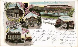 1898 (Vorläufer) Újvidék, Novi Sad; Pétervárad vár, Erzsébet tér, Központi hitelintézet, Központi szálloda, Lövölde / Petrovaradin castle, credit union, hotel, shooting hall, square. Art Nouveau, floral, litho