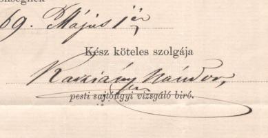1869 Pest, Kacziány Nándor pesti sajtóügyi vizsgálóbíró felhívása Versec sz. kir. város közönségéhez...