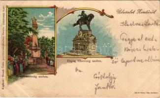 1899 (Vorläufer) Zenta, Senta; Szentháromság és Eugen főherceg szobor. Straub Ödön kiadása, Rigler részv. társ. / monuments. Art Nouveau litho (EB)