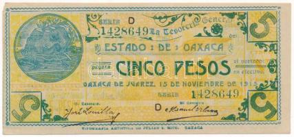 Mexikó / Oaxaca 1915. november 15. 5P T:AU kis sarokhiány Mexico / Oaxaca 1915. 15th of November 5 Pesos C:AU small part of one corner is missing Krause P#S954