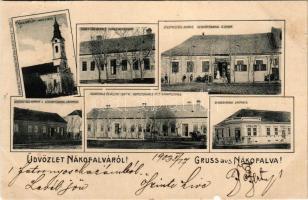 1903 Nákófalva, Nakodorf, Nakovo; Karl Kuhn üzletei, Kemper J. üzlete, Községháza és Állami iskola, Vendégfogadó, templom / shop of Karl Kuhn, shop of Kemper J., town hall and school, hotel, church (szakadások / tears)