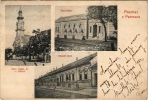 1906 Petrőc, Backi Petrovac; Slov. evan. av. v. kostol, Sporitelna, Obecní dom / Evangélikus templom, takarékpénztár, községháza / church, savings bank, town hall (szakadás / tear)