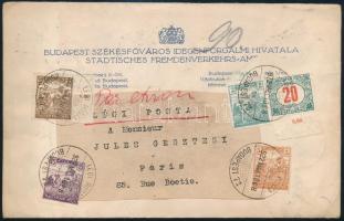 1922 Hivatalos légi levél Párizsba 20 db bélyeggel, közte Portó bélyegek, Hírlapbélyeg, levélzáró / Airmail cover to Paris