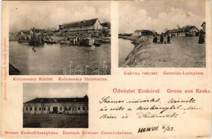 1907 Écska, Német-Ecska, Ecka (Torontál); Kolozsváry kikötő, Gabona rakpart, községháza. Hollaender Samunál / port, town hall (fl)