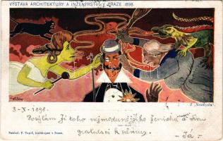 1898 (Vorläufer) Praha, Prag, Prague; Vystava Architektury a Inzenyrství v Praze 1898. Z "Nesmysla". Naklad F. Topic / Exhibition of Architecture and Engineering in 1898. artist signed (EK)