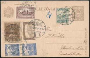 1923 Díjjegyes levelezőlap 6 bélyeges kiegészítéssel Berlinbe / PS-card with 6 stamps to Berlin PÉCS