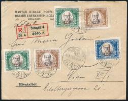 1925 Ajánlott hivatalos levél Bécsbe 8 db bélyeggel, közte Jókai sor / Registered official cover to Vienna with 8 stamps