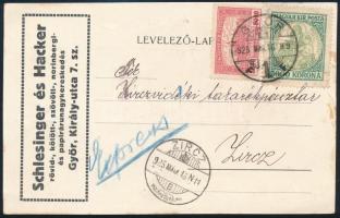 1925 Expressz levelezőlap 7000K bérmentesítéssel GYŐR - ZIRCZ / Express postcard with 7000K franking