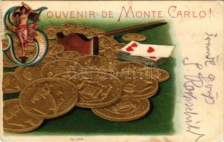 1902 Monte Carlo, Souvenir de Monte Carlo / coins and cards, casino. Art Nouveau, Emb. litho (pinholes)