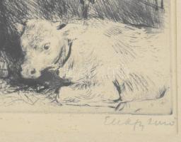 Elekfy Jenő (1895-1968): Tehénistálló, rézkarc, papír, jelzett, üvegezett fakeretben, 20x29cm