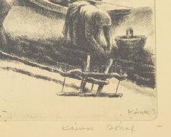 Kórusz József (1927-2010): Dunapart tehenekkel. Rézkarc, papír, jelzett. Dekoratív, üvegezett fakere...