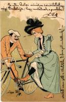 1900 Szerelmes kerékpárosok / Bicycle love. Künstlerkarte No. 213. Graph. Kunstanstalt Aug. Strasilla, Troppau. Art Nouveau litho (EK)