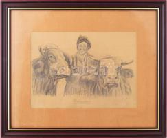 Makói Sándor (-): Állatgondozó. Ceruza, papír, jelzett. Dekoratív, üvegezett fakeretben. 29,5x41 cm