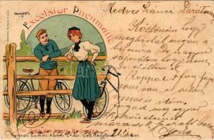 1900 Excelsior Pneumatic. Hannov. Gummi-Kamm Co. Act-Ges. Hannover-Limmer / Német kerékpár abroncs és gumi reklám / German bicycle and tire shop advertisement art postcard with cycling lady. Edler & Krische. Serie D No. 1. litho (EB)