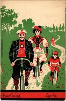 Kerékpáros család / Family on bicycle. Graph. Kunstanstalt Aug. Strasilla, Troppau. litho