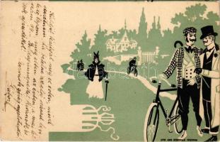 1899 (Vorläufer) Kerékpáros úr / Gentleman on bicycle. Graph. Kunstanstalt Aug. Strasilla, Troppau. litho