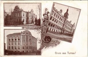 Turnov, Turnova nad Jizerou, Turnau; multi-view postcard, school, Sokol building, palace. Art Nouveau (EK)