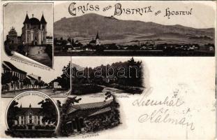 1900 Bystrice pod Hostynem, Bistritz am Hostein; Gnadenkirche am Hostein, Ring platz, Jagdhaus in. Rudolfsthál, Bistrizer schloss, Curhaus / pilgrimage church, street view, hunting lodge, castle, spa. Art Nouveau litho (fl)