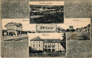 1928 Batelov, Battelau; Nadrazi, Celkovy pohled, Námesti, Zámek / railway station, general view, square with church, castle. G. Jilovsky. Art Nouveau frame (fl)