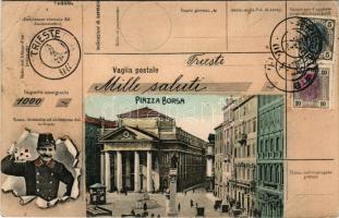 1907 Trieste, Piazza Borsa, Mille saluti / Montage with postman (EB)