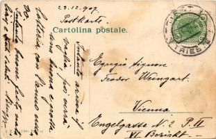 1907 Trieste, Piazza Borsa, Mille saluti / Montage with postman (EB)