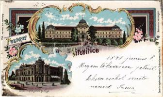 1898 (Vorläufer) Verőce, Virovitica; Stedovna i predujmovna zadruga, Braca R., Dragutin Schwidernoch / kastély, takarék szövetkezet, üzlet / castle, savings bank. Art Nouveau, floral, litho (EK)