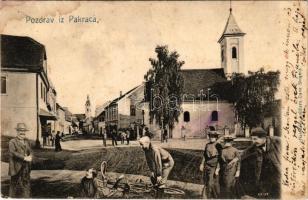 Pakrác, Pakratz, Pakrac; utca és templom. Montázs kerékpáros balesettel / street, church. Montage with bicycle accident (Rb)