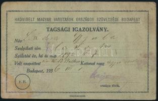 1936 Bp., Hadviselt Magyar Vasutasok Országos Szövetsége tagsági igazolvány, kissé koszos, foltos