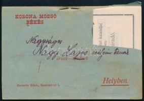 1926 Békés, a Korona Mozgó augusztus havi műsora, mozi műsorfüzet, tűzött papírkötés, a hátsó borító...