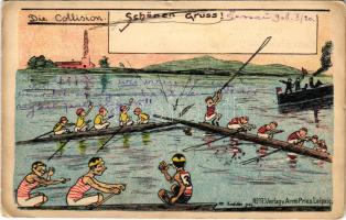 1908 Schönen Gruss! Die Collision. Verlag v. Arno Pries No. 17. / Rowing humour art postcard, litho s: M. Richter (EK)