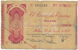 Spanyolország / Polgárháború / Bilbao 1936. 5P T:VG,G anyaghiány, folt Spain / Civil War / Bilbao 1936. 5 Pesetas C:VG,G material error, spot Krause P#S551