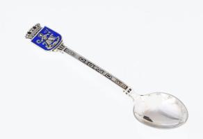 Ezüst(Ag) "Oslo" zománcozott címeres kanál, jelzett, h: 10 cm, bruttó: 9,9 g