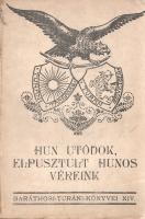 Baráthosi Balogh Benedek:  Hun utódok, elpusztult hunos véreink. Budapest, 1931. Szerző - Held János Irodalmi és Nyomdavállalat. 159 + [1] p. Első kiadás. Baráthosi-Balogh Benedek (1870-1945) néprajzkutató, Ázsia-utazó, őstörténeti író. 1908-tól több alkalommal bejárta Kelet- és Közép-Ázsia számos táját, mindannyiszor a magyarság turáni kapcsolatait kutatva. Turáni köteteiben főképp Indiában, Kínában, Tibetben és Japánban gyűjtött élményei alapján következtet az ősmagyarság turáni eredetére, könyvsorozatának jelen, tizennegyedik kötetében azonban pusztán történeti vizsgálódások nyomán érvel. Őstörténeti és néprajzi kötetében arra tesz kísérletet, hogy az egykori jelentős turáni népek - a hunok, az avarok, az ujgurok, a kazárok, a besenyők és a kunok államszervezési eredményeit, méltatlanul mellőzött civilizatorikus eredményeit és népi kultúráját megismertesse őstörténeti hajlandóságú olvasóival; nem kis mértékben az újabb keletű belső-ázsiai kutatások eredményeire támaszkodva. Baráthosi-Balogh Benedek úgy gondolja, hogy a vizsgálat annál is inkább indokolt, mert a szélesen kutatott árja-indoeurópai és sémita civilizáció mellett a harmadik nagy kultúrával, a turáni-törökös kultúrával a nyugati tudományosság bűnös módon nem foglalkozik. (Baráthosi turáni könyvei. 14. kötet.) Fűzve, illusztrált, sérült, javított, zsinórral erősített gerincű kiadói borítóban, a hátsó borítót korabeli kartonlap védi. Körülvágatlan, részben felvágatlan példány.