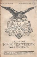 Baráthosi Balogh Benedek:  Vázlatok török testvéreink történetéből. Budapest, 1928. Szerző - Held Irodalmi és Nyomdavállalat. 159 + [1] p. Első kiadás. Baráthosi-Balogh Benedek (1870-1945) néprajzkutató, Ázsia-utazó, őstörténeti író. 1908-tól több alkalommal bejárta Kelet- és Közép-Ázsia számos táját, mindannyiszor a magyarság turáni kapcsolatait kutatva. 1926-ban megkezdett turáni könyvsorozatával a rokonnak tartott népek történetét, erkölcseit, életmódját mutatta be. Kötetünkben a türk népek vezető erejét az oszmán törökség történetét részletezi, szenvedélyes hangon, szokatlan látószögből: a szerző elsősorban amellett érvel, hogy a törökség kulturálisan és morális szempontból akkor is felette áll a művelt nyugatnak, ha a szokásos nyugati narratíva ennek az ellenkezőjéről számol be, a valódi barbárság ugyanis a másik kifosztásában és lenézésében gyökeredzik, amelyben a nyugat elavulhatatlan érdemeket szerzett és szerez. Mindez különösen annak fényében érdekes, hogy a szerzőnek a törökellenes háborúk korát nagy terjedelemben kell áttekintenie; ezeket az időket elsősorban a harmadik utat kereső Erdélyi Fejedelemség látószögéből tekinti át. Baráthosi Balogh Benedek az Oszmán Birodalom szembetűnő politikai hanyatlását a régi török erkölcsök megkopásához, illetve a Nyugat sikeres zsákmányszerző attitűdjéhez köti. A kötet értékesítéséből származó jövedelmet kötetünk hátsó borítójának tájékoztatása szerint a szerző az erdélyi magyar iskolák segélyezését szervező alapítványnak szánta. (Baráthosi turáni könyvei. 5. kötet.) Fűzve, illusztrált, zsinórral erősített, javított gerincű, enyhén sérült kiadói borítóban. Körülvágatlan példány.