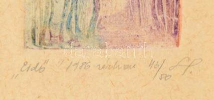 Olvashatatlan jelzéssel: Erdő. Színes rézkarc, papír, jelzett, számozott (43/80), fakeretben, 4x3 cm