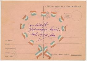 1940 Szatmárnémeti visszatért. Tábori postai levelezőlap magyar szalaggal, irredenta / Hungarian irr...