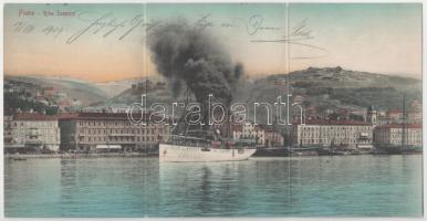 1909 Fiume, Rijeka; Riva Szapáry, Grand Hotel Europe, steamship in the port - 3-tiled folding panoramcard (fl) + "SÁROSMÁRIAVÖLGY POSTAI ÜGYN."