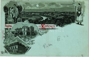 1899 (Vorläufer) Károlyváros, Karlovac, Karlstadt; Zorin Dom, Kuca Ivana Sagana. Naklada I. Sagana / theatre, shop. Art Nouveau, floral, litho (fl)