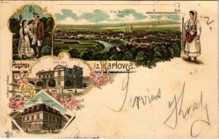 1898 (Vorläufer) Károlyváros, Karlovac, Karlstadt; Zorin Dom, Kuca Ivana Sagana. Naklada I. Sagana / theatre, shop. Art Nouveau, floral, litho (EK)