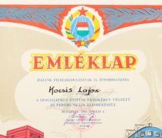 1951, Sztahanovista oklevél, Rákosi-címeres szocreál grafikával, kis gyűrődéssel + 1960 Emléklap Haz...