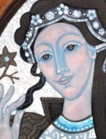 Stefániay Edit (1936 - ): Szépség. Tűzzománc kép fém lemezen, bőr keretben, jelzett a hátoldalon, 24...