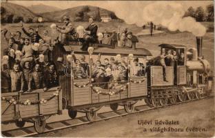 1915 Újévi üdvözlet a világháború évében / WWI Austro-Hungarian K.u.K. military art postcard with New Year greetings, soldiers drinking beer on a train. O.K.W. 515. (Rb)