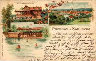 1898 (Vorläufer) Károlyváros, Karlovac, Karlstadt; Kupalista Restauracija, Gradsko Kupaliste / spa and restaurant. I. Sagana Art Nouveau, floral, litho (kis szakadás / small tear)