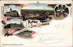 1899 (Vorläufer) Karlóca, Karlowitz, Sremski Karlovci; Srp. vel. Gimnazia i Bogoslovija, Grob. Branka Radicevica, Patrijaraski Dvor, Waroski Magistrat. Dragutin Schwidernoch / gimnázium, sírhely, városháza, Patriarchátusi Palota / school, tomb, town hall, Patriarch's Palace. Art Nouveau, floral, litho (Rb)