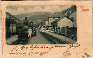 1901 Konjic, Bahnhof Konjica / railway station, locomotive, train + "K. und K. Milit. Post 15 Avtovac" (fl)